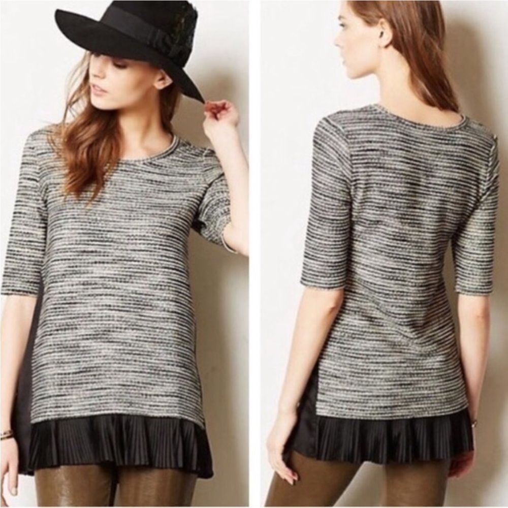 Anthro Clu & Willoughby Black White Tweed Ruffle Trim Striped Tunic Mini Dress S